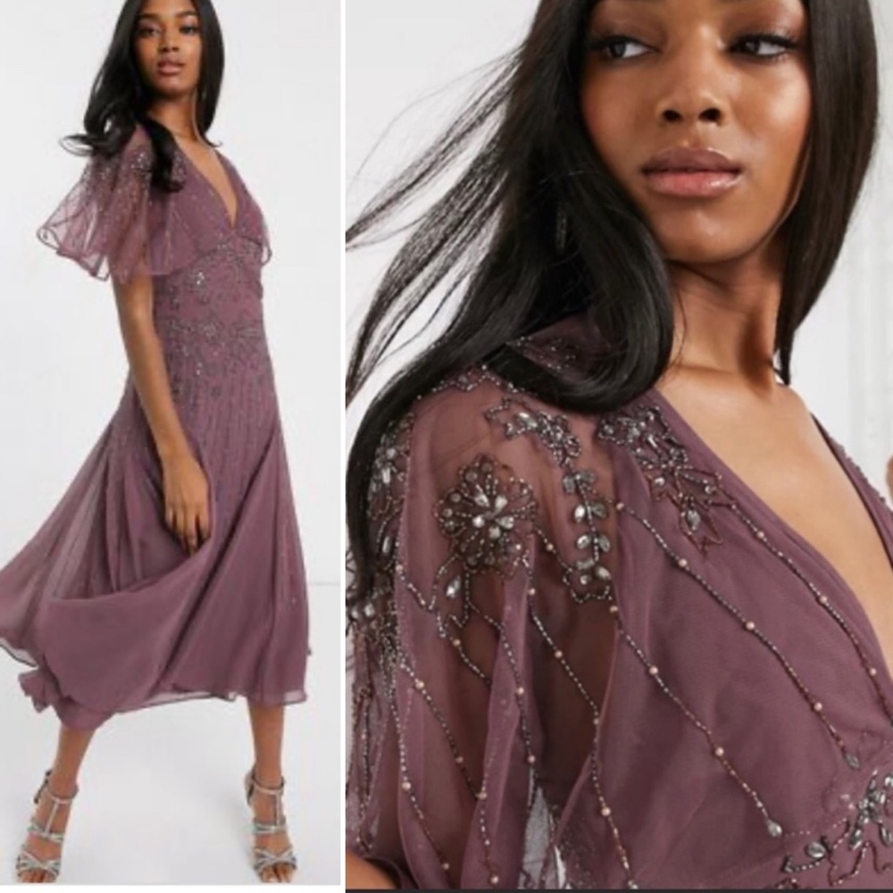 ASOS Floral Embellished Cape Midi Dress Dusty Purple Size 4